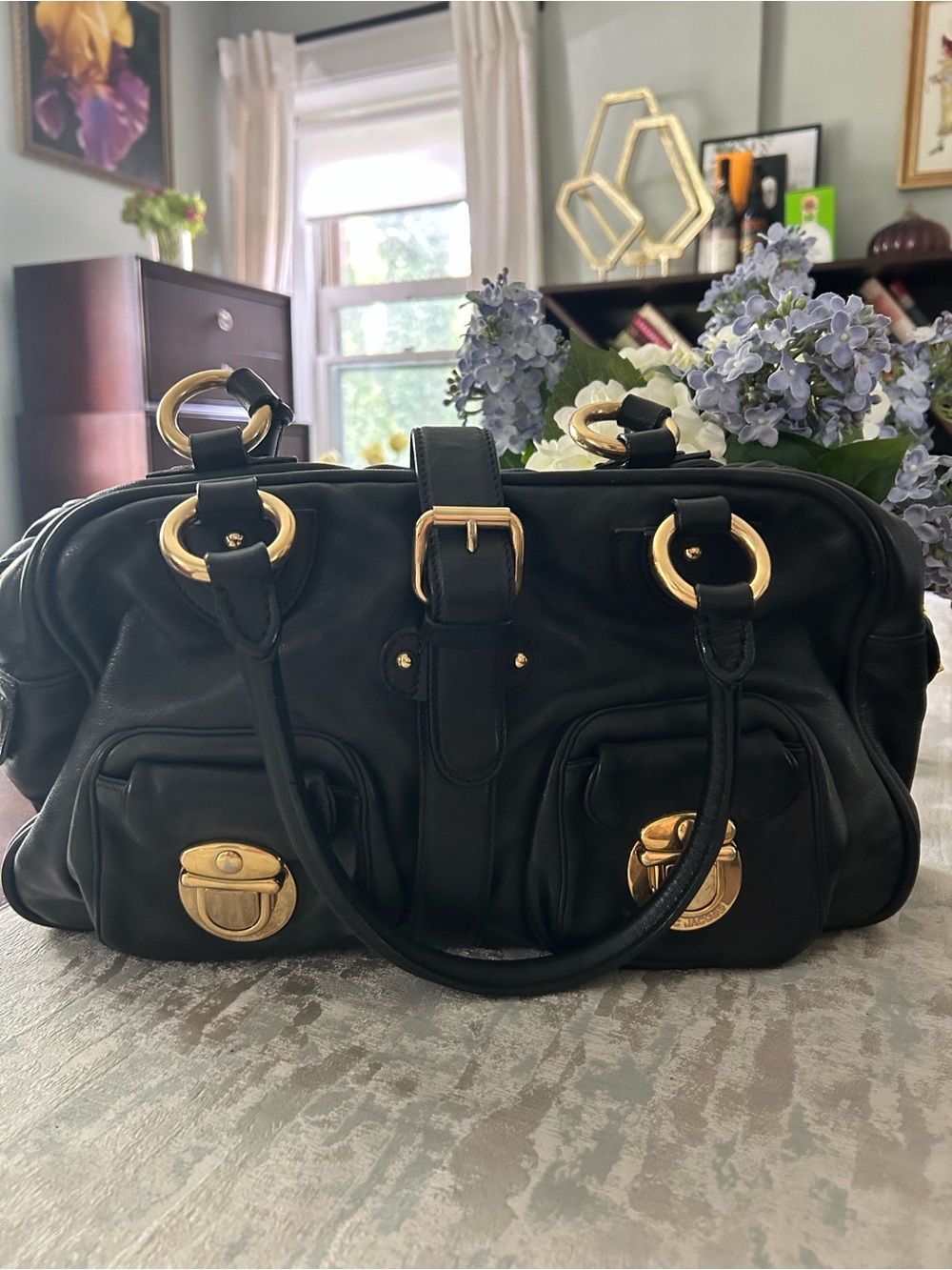 Authentic March Jacobs Italian Black Leather Satchel Handbag with Gold Hardware